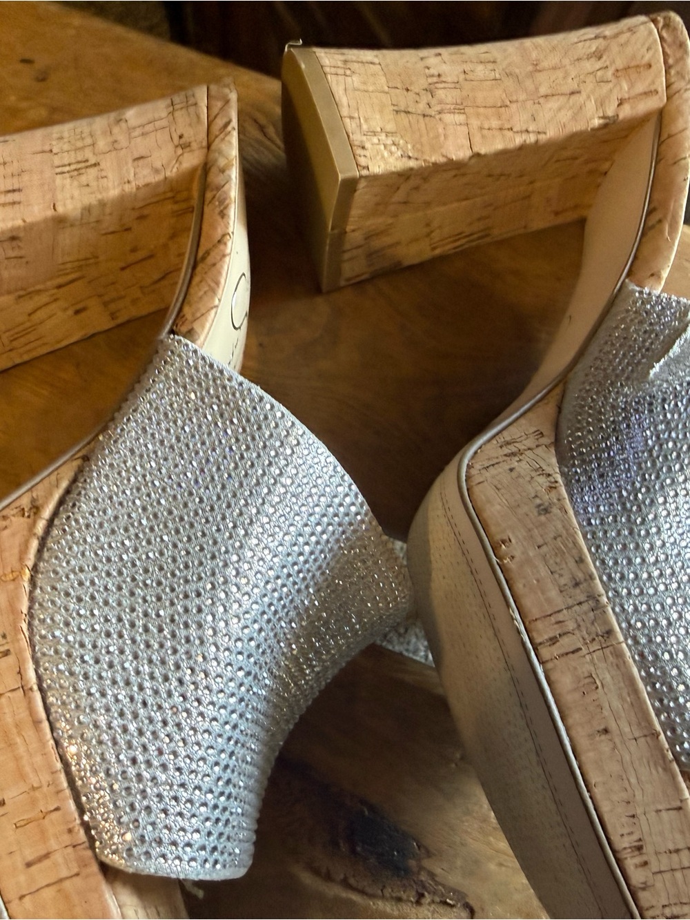 Jessica Simpson Silver Crystal Cork-Wedge Mules , NWOT size 9 - Picture 5 of 6